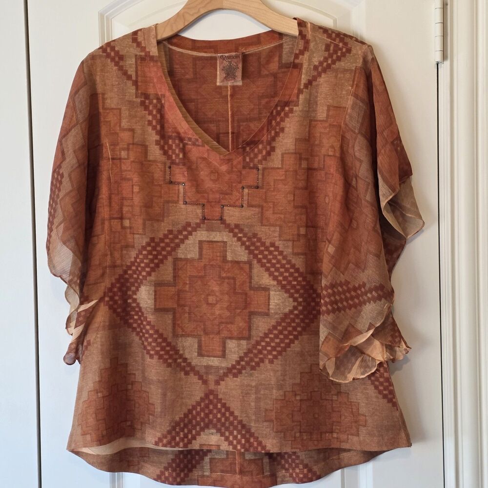 Ransom Women’s XL Boho Sheer Top Southwestern Aztec Print Rust Brown V-Neck
